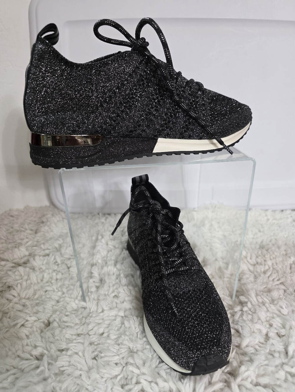 URBAN SPORT WOMEN Sparkle Knit Lace-Up Sneakers in Black and Metallic Size:10